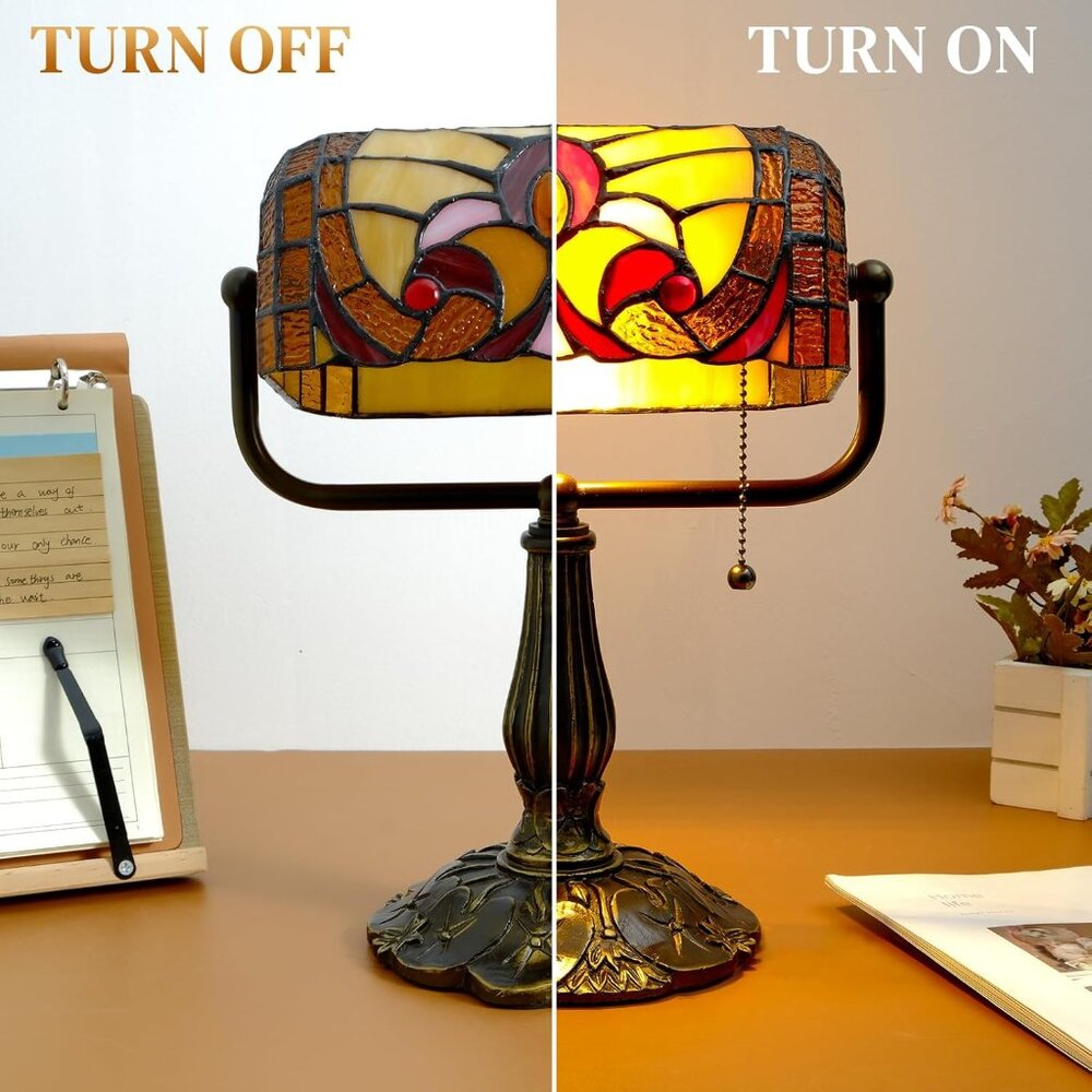 Tiffany Style Bankers Lamp - Stained Glass Desk Lamps with Baroque Design & Pull - Picture 5 of 7